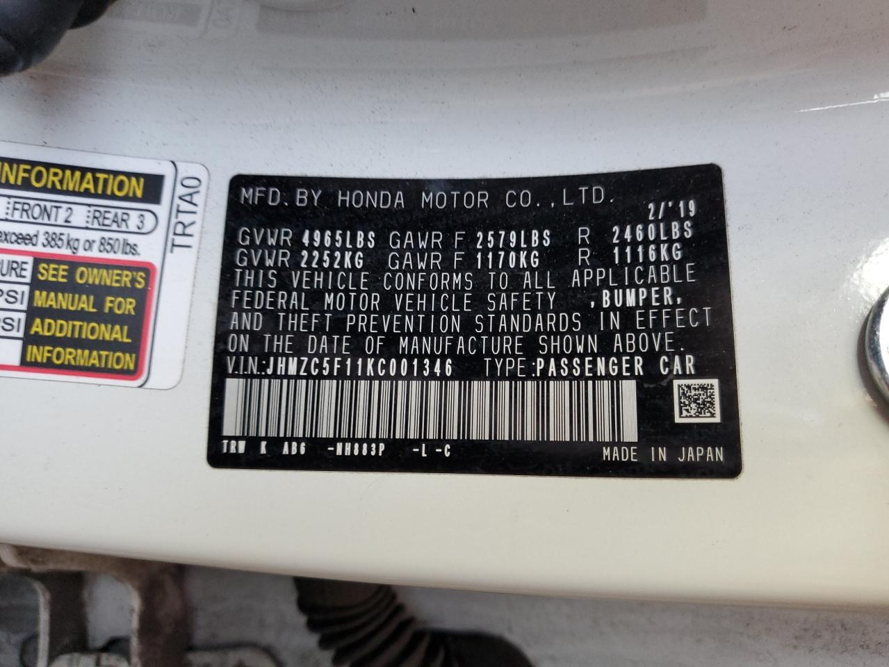 Obraz 1 z 2019 HONDA CLARITY  2019 z VIN JHMZC5F11KC001346